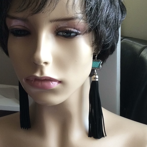 Turquoise & Leather Tassel Earrings - Picture 7 of 7